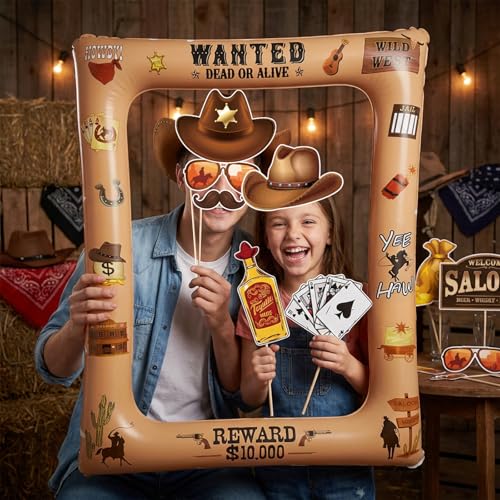 Western Cowboy Cowgirl Photo Booth Props Inflatable Frame, 30Pcs Wild West Photo Props with Large Inflatable Picture Frame for Country Rustic Cowboy Party Selfie Supplies - color: Western Cowboy