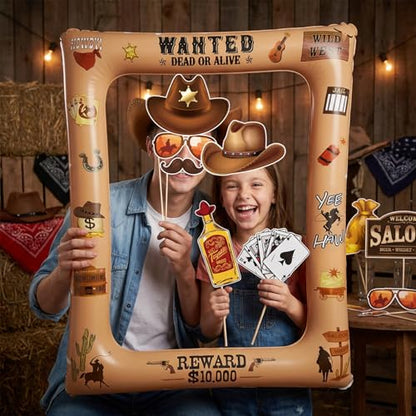 Western Cowboy Cowgirl Photo Booth Props Inflatable Frame, 30Pcs Wild West Photo Props with Large Inflatable Picture Frame for Country Rustic Cowboy Party Selfie Supplies - color: Western Cowboy