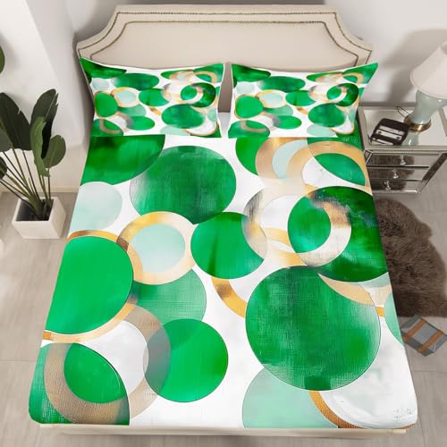Erosebridal Green and Gold Sheets for Boys Girls Modern Geometric Fitted Sheet,Geometric Circle Print Kids Bedding Sets Minimalist Bed Sets Full 3 Piece - color: White Green Gold, size: Full(No Top Sheet)