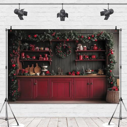 Leowefowa Christmas Backdrop Kitchen Rustic Style Photo Background 12x8ft Fabric Christmas Kitchen Photography Backdrop Xmas Cabinets Photo Backdrops Family Party Decor New Year Banner Props Vinyl - size: 12x8ft