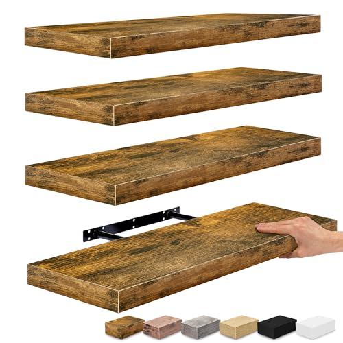 Sorbus Floating Shelves for Wall - 24" Bathroom Shelves, Wall Decor for Bedroom, Kitchen, Living Room, Home Decor & Book storage - Mounted Floating Shelf with Invisible Brackets (Rustic Brown, 4 Pack) - color: Rustic Brown, size: 4 Pack