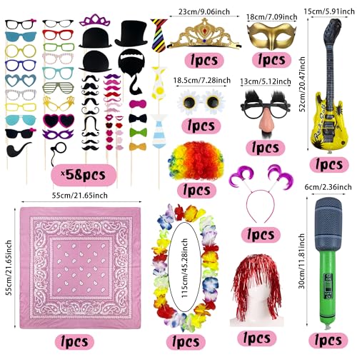 69PCS Colorful Photo Booth Props Set Novelty Funny Hats Wigs Glasses Props Sign Perfect for Graduation Birthday Bachelorette and All Occasions