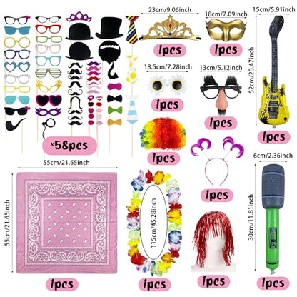 69PCS Colorful Photo Booth Props Set Novelty Funny Hats Wigs Glasses Props Sign Perfect for Graduation Birthday Bachelorette and All Occasions