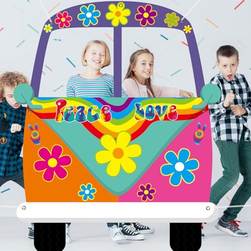 Large Hippie Bus Shaped Photo Prop 60s Party Decor 60's Retro Groovy Van Prop Fabric Hippie Selfie Frame Backdrop Background Banner Birthday Party Supplies Retro 60s 70s Party Favors 59 x 48.6Inch