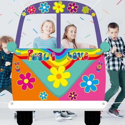 Large Hippie Bus Shaped Photo Prop 60s Party Decor 60's Retro Groovy Van Prop Fabric Hippie Selfie Frame Backdrop Background Banner Birthday Party Supplies Retro 60s 70s Party Favors 59 x 48.6Inch