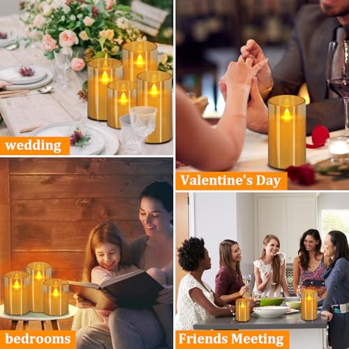 wemarry Flameless Candles 4" 5" 6" Acrylic Glass Pillars 3" Diameter Battery Operated Flickering Candles Include 8-Key Remote with Timer Function 400+ Hours (Amber, Warm Light 6 Pack) - color: Amber, size: Warm Light 6 Pack