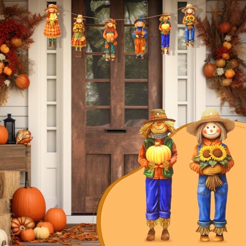 Thanksgiving Scarecrow Garland Fall Wooden Scarecrow Banner Fall Decorations for Home, Wooden Hanging Garland for Autumn Harvest Party Wall Decor Photo Booth Backdrop - style: Scarecrow