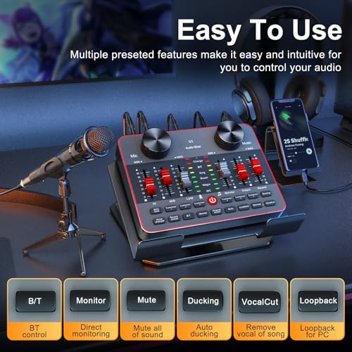 Podcast Equipment Bundle for 2 Mic Tiktok Video Content Creator Kit, Audio Interface DJ Mixer Sound Card/Board Condenser Microphone for Studio Smartphone/PC/Laptop Broadcast Recording/Live Stream