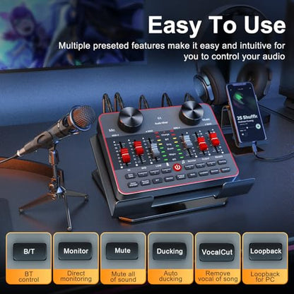 Podcast Equipment Bundle for 2 Mic Tiktok Video Content Creator Kit, Audio Interface DJ Mixer Sound Card/Board Condenser Microphone for Studio Smartphone/PC/Laptop Broadcast Recording/Live Stream