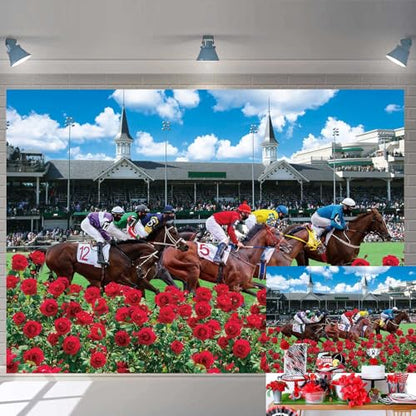 Red Rose Garden Racecourse Photography Background 7x5FT Horse Racing Run for The Roses Banner Horse Party Decorations Supplies - size: 7x5FT: 84x60 inch