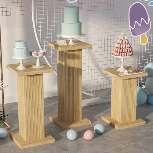 Mxtxmy 3PCS Square Pedestal Stand for Party,Wood Display Pedestal Stands for Parties,Fluted Plinth Pillars Table for Wedding Birthday Baby Shower Decor