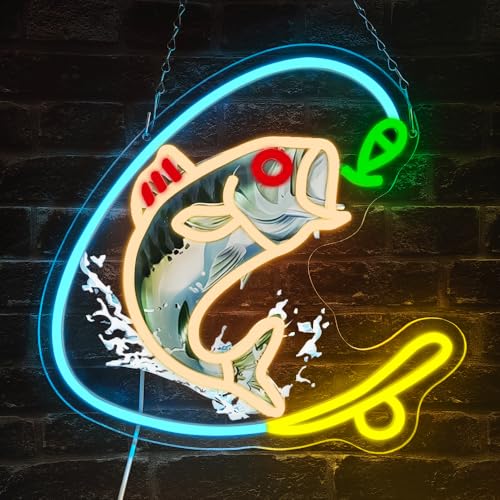Fishing Neon Sign, Gone Fishing Led Neon Sign Light for Wall Decor Fish Hook Man Cave Light Up Sign Party Decorations for Gear Store Angler Teen Boy Dad Husband Gift Dimmable USB Powered(13.8"*10.6") - style: Fishing