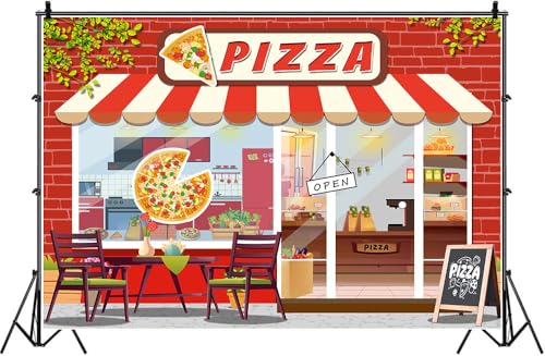 Pizza Shop Backdrop Kids Cooking Theme Vintage Pizzeria Photography Background Baby Shower Boys Girls Birthday Party Cake Table Decor Banner Portrait Photo Booth Studio Props 9x6ft FU029DX - size: 9x6ft