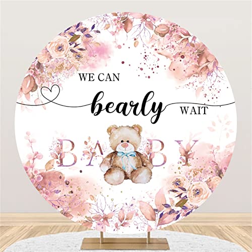 Girls Baby Shower Party Round Backdrop Cover 7.2x7.2ft Polyester We Can Bearly Wait Baby Photo Background Doll Bear Watercolor Leaves Pink Floral Kids Portrait Photo Booth Favors Gift Props - color: Pink02, size: 7.2x7.2ft-Diameter