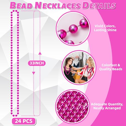 YAXINRUI 24 PCS Hot Pink Bead Necklaces, Pink Mardi Gras Beads, Cancer Awareness Beads Necklaces, Valentine Necklace, 33 Inch Round Party for Mardi Gras Christmas Cancer Awareness Month Events - color: Hot Pink, size: 24 Pcs