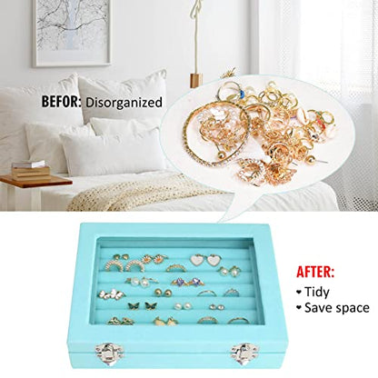 Vicoter Rings Organizer Tray 7 Slots Velvet Jewelry Earring Storage Box with Transparent lid Jewelry Display Case for Girls Wife Mom Women (Light Blue) - color: Light Blue