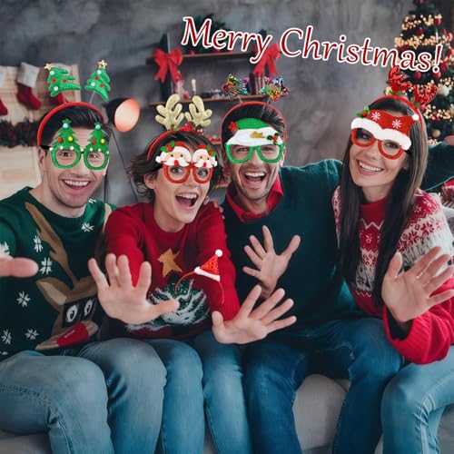 Wecoe Christmas Party Favors, 12pcs Christmas Headbands & Glasses Set - Festive Headwear Glasses Frame Hair Accessories for Women & Girls Classroom Game Party Supplies Photo Props