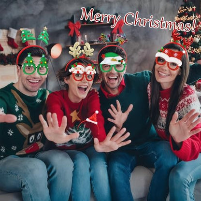 Wecoe Christmas Party Favors, 12pcs Christmas Headbands & Glasses Set - Festive Headwear Glasses Frame Hair Accessories for Women & Girls Classroom Game Party Supplies Photo Props