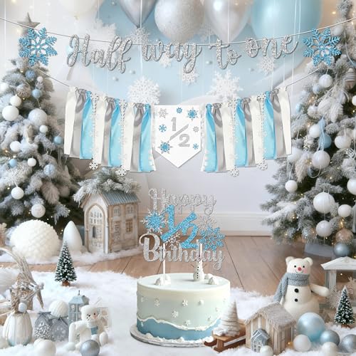 1/2 Birthday Snowflake Half Birthday Decorations - Snowflake It's My 1/2 Birth Banner Glitter Cake Topper Tassel High Chair Banner & Crown, Hat Halfway to One Boy Girl Party Supplies - color: White