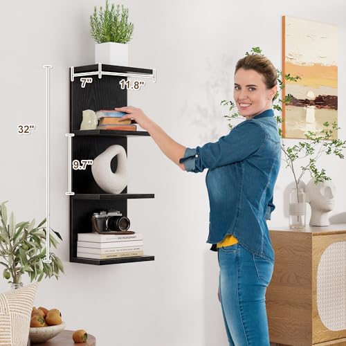 Fun Memories 4 Tier Wall Shelf Unit, Vertical Floating Shelf, Wall Mount Lack Shelving Home Decor Organizer Tall Tower Design Utility Shelving for Bedroom Living Room, Black - color: Black, size: 4 Tier - Large - 1p | 32"height