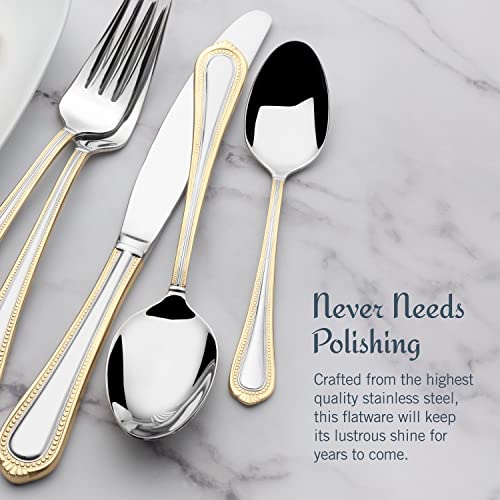 Mikasa, Gold Accent Regent Bead Flatware Service for 12, 65 Piece Set, 18/10 Stainless Steel, Silverware Set with Serving Utensils - size: 65 Piece Set, style: Regent Bead Gold