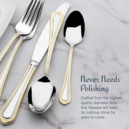 Mikasa, Gold Accent Regent Bead Flatware Service for 12, 65 Piece Set, 18/10 Stainless Steel, Silverware Set with Serving Utensils - size: 65 Piece Set, style: Regent Bead Gold