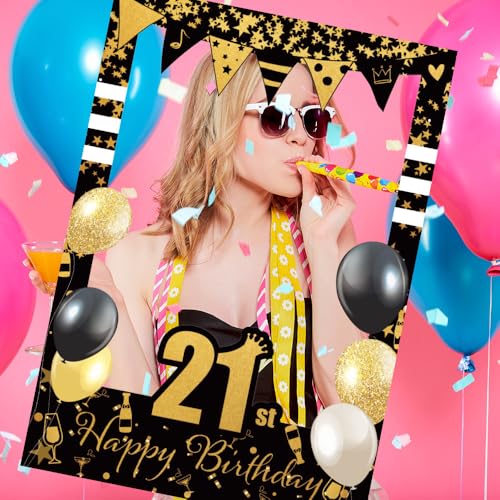 21st Years Old Birthday Photo Frame Black Gold 21th Birthday's Theme DIY Funny Handheld Paper Photo-Props Background Photography for Birthday Party Decoration Supplies - color: 21th Birthday Party Photobooth Props