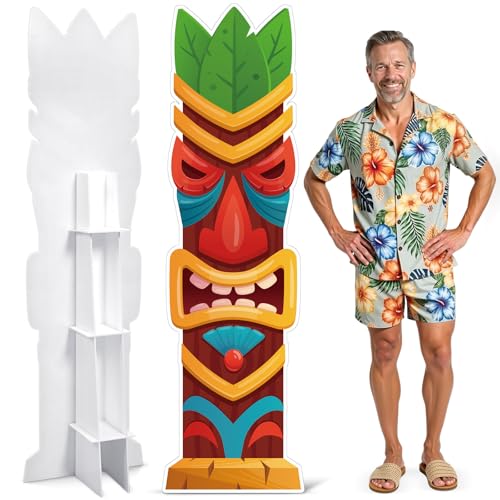 Yalikop 6 Ft Hawaii Tiki Cardboard Cutout Stand Up Photo Prop - Hawaiian Tropical Party Decorations Standee Tiki Totem Foam Board for Garden Yard Sign Decor Summer Luau Photography Background - style: Tiki Style 1