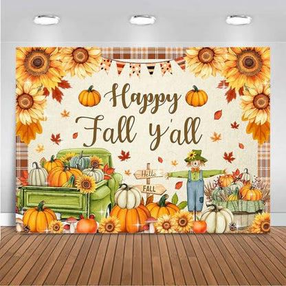 Mocsicka Happy Fall Y'all Backdrop Fall Party Background Banner Pumpkin Patch Maple Leaves Autumn Harvest Thanksgiving Decorations Banner Photo Booth (10x8ft) - size: 10x8ft