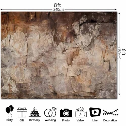 8x6FT Polyester Stone Cave Background Rustic Rock Wall Textured Photography Backdrop Supplies Natural Adventure Vintage Birthday Party Portrait Shoots Photo Studio Props Banner Decor - size: 8x6FT