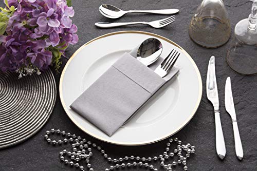 Moyes Home Gray Disposable Dinner Napkins with Pocket - Linen-Feel Pre-Folded Cloth-Like Paper Napkins for Silverware, Weddings, Dinner Parties, 16x16 in, Pack of 50 - color: Grey