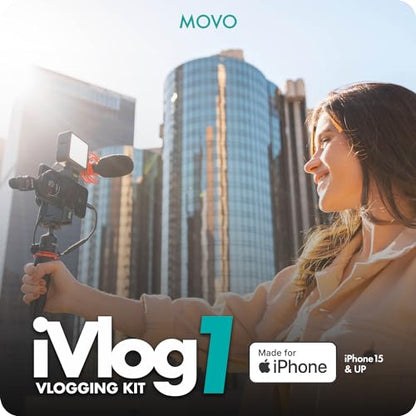 Movo iVlog1-IP Vlogging Kit for iPhone 15/16/17 and up - USB-C Compatible YouTube Starter Kit - with Shotgun Microphone, Mini Tripod, LED Light, Wide-Angle Lens, USB C Adapter, VXR10-PRO - size: USB-C