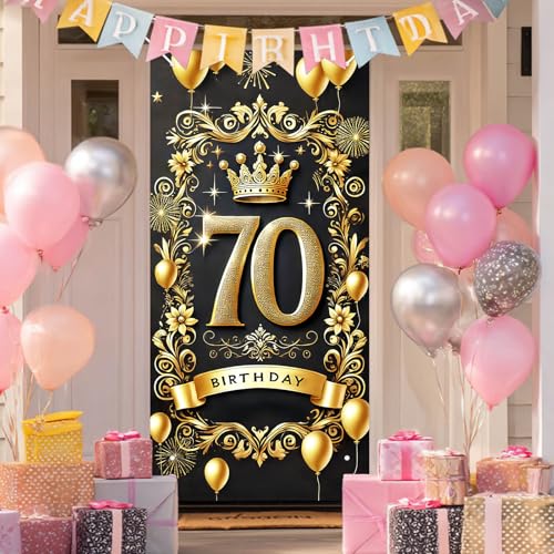 HOMETITUTE 70th Birthday Door Cover 71x35 Inch Gold Black Banner for Party Decorations Elegant Crown Balloon Backdrop with Floral Frame Sign for Men Women Photo Booth Wall Decor Indoor - color: Gold Black 70
