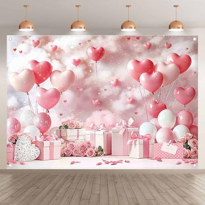 Fabric 7x5ft Valentine's Day Photography Backdrop Pink Rose Dreamy Clouds Love Heart Balloons Background Girls Women Wedding Bridal Shower Party Decorations Photo Props