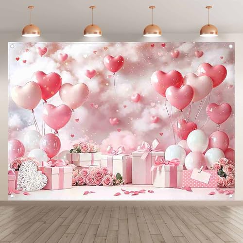 Fabric 7x5ft Valentine's Day Photography Backdrop Pink Rose Dreamy Clouds Love Heart Balloons Background Girls Women Wedding Bridal Shower Party Decorations Photo Props