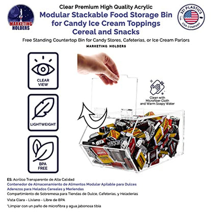 Marketing Holders Clear Acrylic Food Storage Bin with Hinged Lid for Ice Cream Toppings 5" x 11" Candies Nuts Granola Cereal and Wrapped Snacks Caddy - size: Candy Bin-Medium