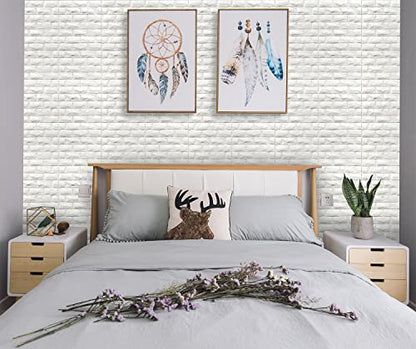3D Wall Panels Peel and Stick 11PCS White Foam Brick Wallpaper for Bedroom Faux Stone Wall Panel Self-Adhesive Wallpaper (11PCS-10.65 Sq Ft, White) - color: White, size: 11pcs-10.65 Sq Ft