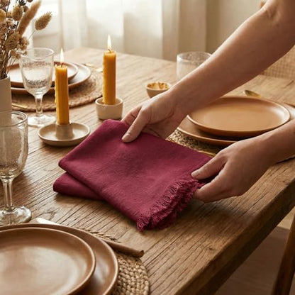 ACCENTHOME Burgundy Cotton Linen Napkin Set of 12 18x18 inch Dinner Napkins - Washable Soft Premium Hotel Quality Reusable Hemmed Edges Napkins Perfect Table Linens for Family Dinners, Weddings - color: 10 - Burgundy, size: 18"x18" - Pack of 12