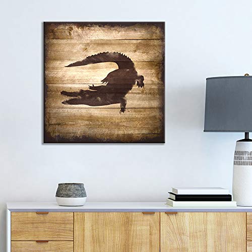 wall26 - Square Canvas Wall Art - Crocodile Silhouette on Rustic Wood Board Texture Background - Giclee Print Gallery Wrap Modern Home Art Ready to Hang - 24x24 inches - color: Crocodile - 04, size: 24"L x 24"W