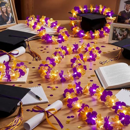 Sherr 24 Pcs LED Leis Light Up Purple and Gold Hawaiian Flower Necklaces, Graduation 2026 Party Supplies, Class of 2026 Leis for Beach Wedding Luau Glow Party Favors - color: Purple Gold
