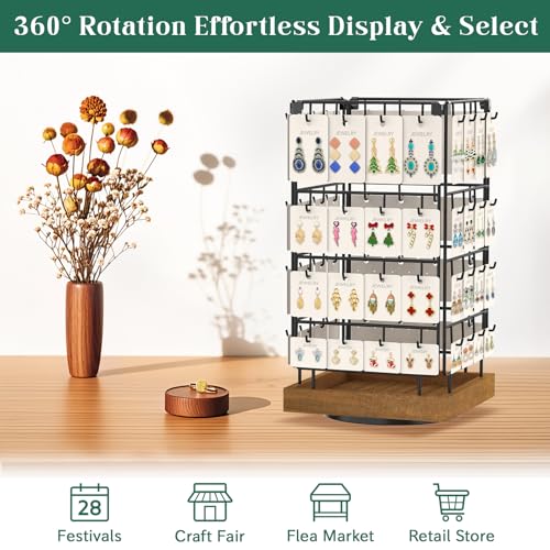 EsLuker.ly Rotating Earring Display Holder Stand for Vendors Events Selling, Large Capacity 64 Hooks Jewelry Rack with Wooden Base for Earring Card Sales, Enhances Retail Display Visibility - color: Brown+Black