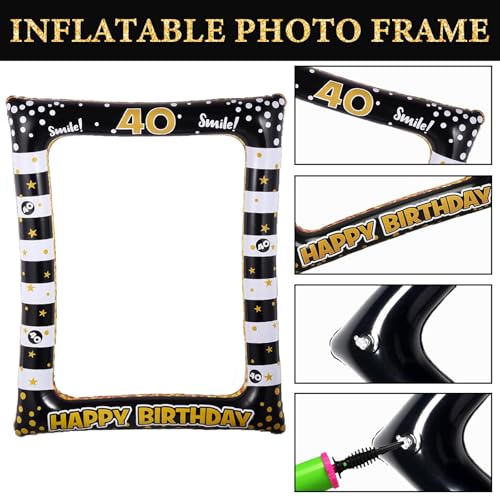 40th Birthday Photo Booth Props, Black Gold Inflatable Photo Booth Frame, 30PCS Photo Booth Props for Party Selfie Party Decorations and Gifts - size: 40th Birthday Inflatable Frame