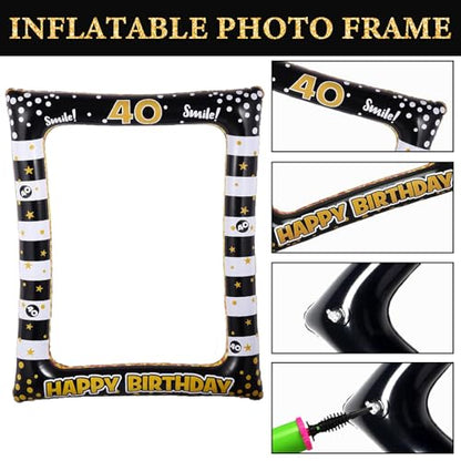 40th Birthday Photo Booth Props, Black Gold Inflatable Photo Booth Frame, 30PCS Photo Booth Props for Party Selfie Party Decorations and Gifts - size: 40th Birthday Inflatable Frame