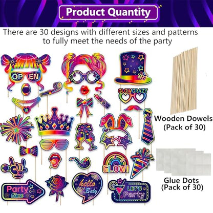 30PCS Neon Photo Booth Props, Glow Inflatable Photo Booth Frame, Funny Selfie Props for Neon Party Accessories Let's Glow in The Dark Birthday Party Wedding Carnival - color: Let's Glow