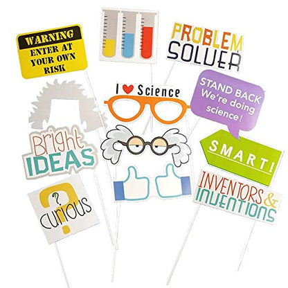 12Pcs Science Photo Booth Props with Stick Mad Scientist Selfie Props Chemistry Laboratory Party Supplies Boy Girl First 1st Bday Baby Shower
