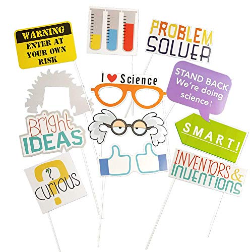 12Pcs Science Photo Booth Props with Stick Mad Scientist Selfie Props Chemistry Laboratory Party Supplies Boy Girl First 1st Bday Baby Shower