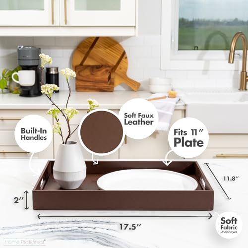 Home Redefined Beautiful Modern Elegant 17.5"x12" Rectangle Classic Brown Faux Leather Decorative Tray Ottoman Coffee Table Perfume Living Room Kitchen Serving Tray with Handles for All Occasion's - color: Brown Leather