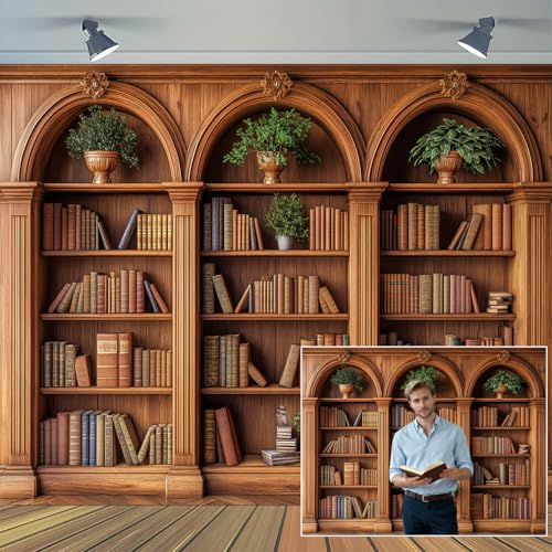 10 x 8 ft Arched Bookshelf Backdrop Modern Vintage Library Books Office Plants Video Conference Photography Home Office Meetings Indoor Decorations Photo Banner Props - color: Brown3, size: 10X8FT
