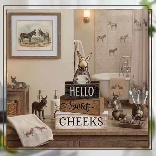 Moucuny 4 Pcs Donkey Bathroom Decor Set Farmhouse Bathroom Decor and Accessories Rustic Hello Sweet Cheeks Wooden Blocks Signs Funny Donkey Toilet Shelf Decoration for Home Office Half Bath - style: Donkey