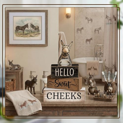Moucuny 4 Pcs Donkey Bathroom Decor Set Farmhouse Bathroom Decor and Accessories Rustic Hello Sweet Cheeks Wooden Blocks Signs Funny Donkey Toilet Shelf Decoration for Home Office Half Bath - style: Donkey